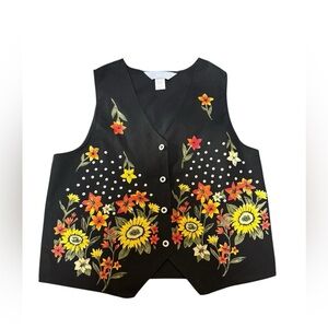 Vtg Blair Vest Top Black Floral Button Up Granny 80s 90s Cottage Retro Quirky M